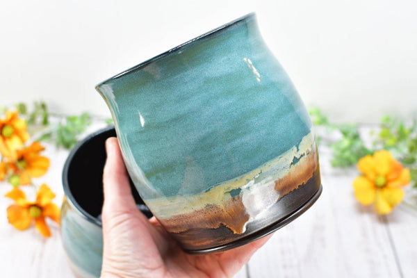 Ceramic Utensil Holder Crock for Kitchen Countertop, Pottery Organizer in Copper Tourmaline Blue, Flower Pot, Tumbler Cup Housewarming Gift