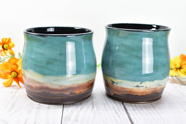 Ceramic Utensil Holder Crock for Kitchen Countertop, Pottery Organizer in Copper Tourmaline Blue, Flower Pot, Tumbler Cup Housewarming Gift