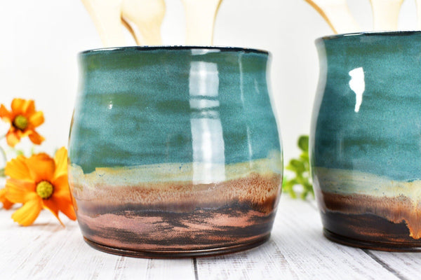 Ceramic Utensil Holder Crock for Kitchen Countertop, Pottery Organizer in Copper Tourmaline Blue, Flower Pot, Tumbler Cup Housewarming Gift