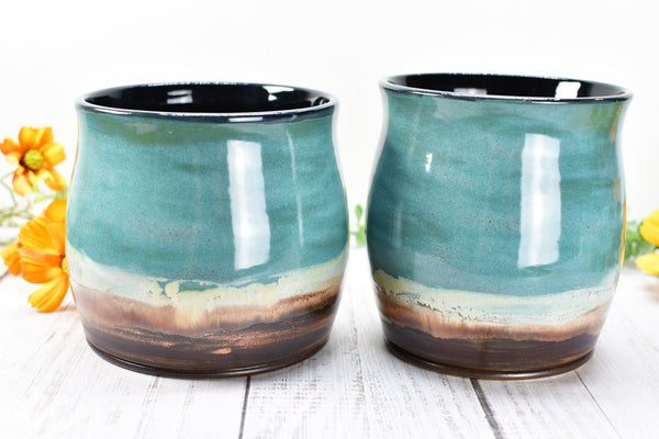 Ceramic Utensil Holder Crock for Kitchen Countertop, Pottery Organizer in Copper Tourmaline Blue, Flower Pot, Tumbler Cup Housewarming Gift