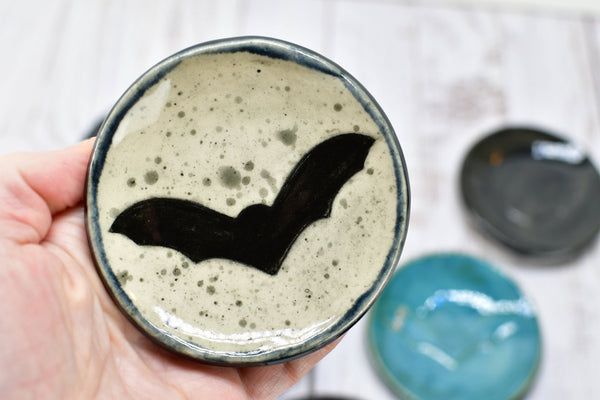 Bat Small Ceramic Coffee Spoon Rest, Handmade Stoneware Pottery Trinket Jewelry Dish, Halloween Black, White, Turquoise, Gray Gothic Decor