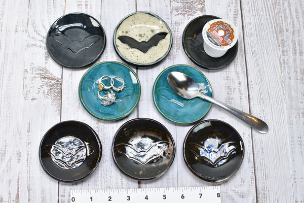 Bat Small Ceramic Coffee Spoon Rest, Handmade Stoneware Pottery Trinket Jewelry Dish, Halloween Black, White, Turquoise, Gray Gothic Decor