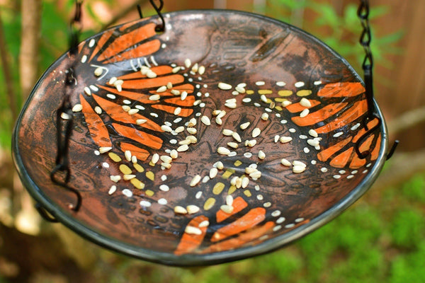 Monarch Butterfly Handmade Ceramic Bird Feeder Plate with Black Metal Hanger, in Copper Bronze Orange & Black, Pottery Gift for Nature Lover