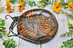 Monarch Butterfly Handmade Ceramic Bird Feeder Plate with Black Metal Hanger, in Copper Bronze Orange & Black, Pottery Gift for Nature Lover