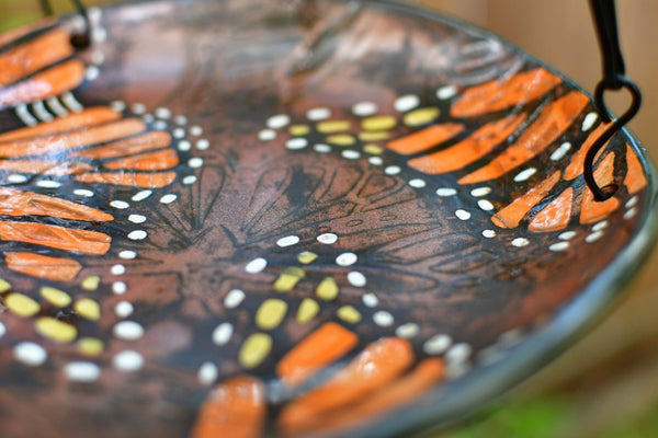 Monarch Butterfly Handmade Ceramic Bird Feeder Plate with Black Metal Hanger, in Copper Bronze Orange & Black, Pottery Gift for Nature Lover