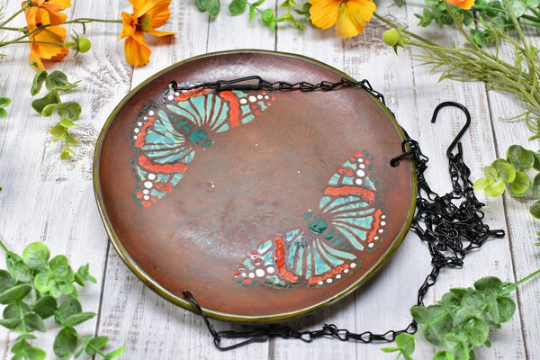 Butterfly Handmade Ceramic Bird Feeder Plate with Black Metal Hanger, in Bronze, Black, Blue & Red, Garden Pottery Gift for Nature Lover