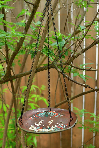 Butterfly Handmade Ceramic Bird Feeder Plate with Black Metal Hanger, in Bronze, Black, Blue & Red, Garden Pottery Gift for Nature Lover