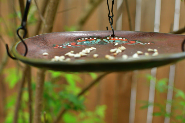 Butterfly Handmade Ceramic Bird Feeder Plate with Black Metal Hanger, in Bronze, Black, Blue & Red, Garden Pottery Gift for Nature Lover