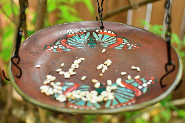 Butterfly Handmade Ceramic Bird Feeder Plate with Black Metal Hanger, in Bronze, Black, Blue & Red, Garden Pottery Gift for Nature Lover