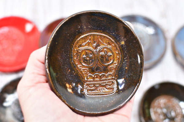 Sugar Skull Small Ceramic Coffee Spoon Rest, Handmade Stoneware Pottery, Blue, Black, Brown, Teal, Tea Bag Rest, Day of The Dead