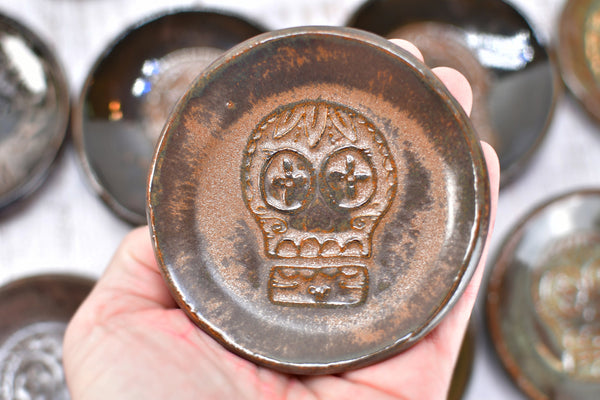 Sugar Skull Small Ceramic Coffee Spoon Rest, Handmade Stoneware Pottery, Blue, Black, Brown, Teal, Tea Bag Rest, Day of The Dead