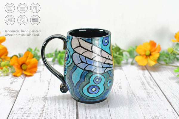 Dragonfly Ceramic Handmade Mug, Nature Lover Gift | Pottery Coffee Cup | Stoneware Hand Painted Art in Black, Blue, Teal & Green