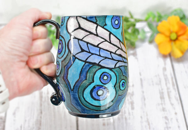 Dragonfly Ceramic Handmade Mug, Nature Lover Gift | Pottery Coffee Cup | Stoneware Hand Painted Art in Black, Blue, Teal & Green
