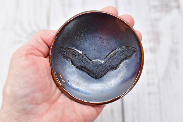 Bat Small Ceramic Coffee Spoon Rest, Handmade Stoneware Pottery Trinket Jewelry Dish, Halloween Black, White, Turquoise, Gray Gothic Decor