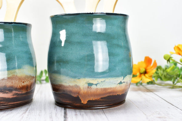 Ceramic Utensil Holder Crock for Kitchen Countertop, Pottery Organizer in Copper Tourmaline Blue, Flower Pot, Tumbler Cup Housewarming Gift