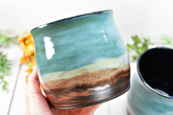 Ceramic Utensil Holder Crock for Kitchen Countertop, Pottery Organizer in Copper Tourmaline Blue, Flower Pot, Tumbler Cup Housewarming Gift