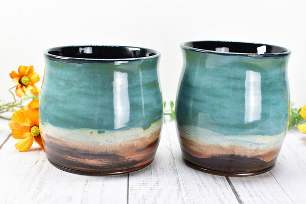 Ceramic Utensil Holder Crock for Kitchen Countertop, Pottery Organizer in Copper Tourmaline Blue, Flower Pot, Tumbler Cup Housewarming Gift