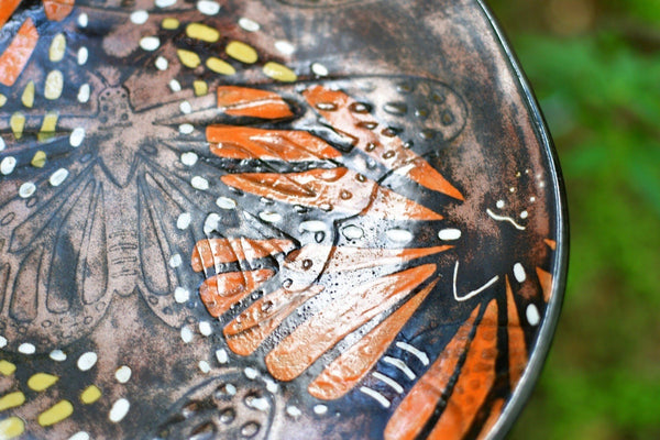 Monarch Butterfly Handmade Ceramic Bird Feeder Plate with Black Metal Hanger, in Copper Bronze Orange & Black, Pottery Gift for Nature Lover