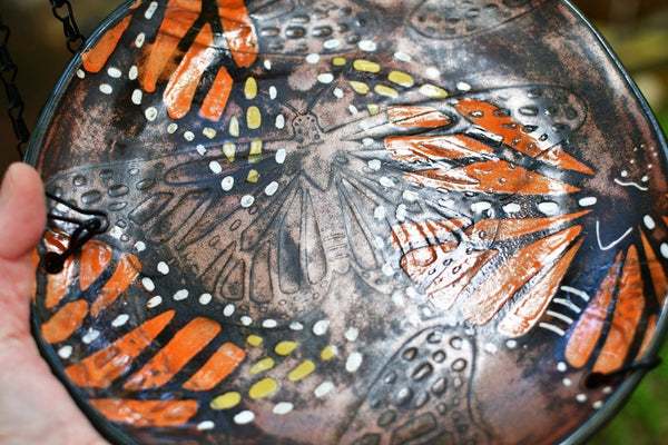 Monarch Butterfly Handmade Ceramic Bird Feeder Plate with Black Metal Hanger, in Copper Bronze Orange & Black, Pottery Gift for Nature Lover