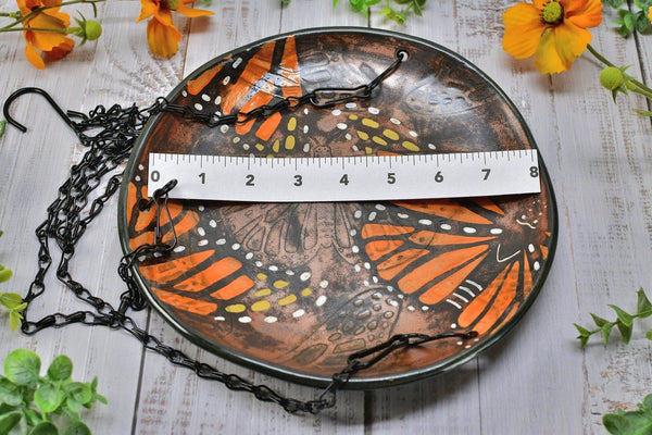 Monarch Butterfly Handmade Ceramic Bird Feeder Plate with Black Metal Hanger, in Copper Bronze Orange & Black, Pottery Gift for Nature Lover