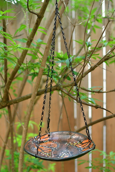 Monarch Butterfly Handmade Ceramic Bird Feeder Plate with Black Metal Hanger, in Copper Bronze Orange & Black, Pottery Gift for Nature Lover