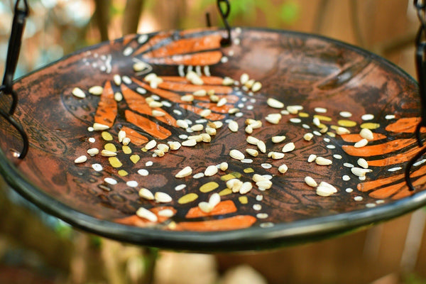 Monarch Butterfly Handmade Ceramic Bird Feeder Plate with Black Metal Hanger, in Copper Bronze Orange & Black, Pottery Gift for Nature Lover