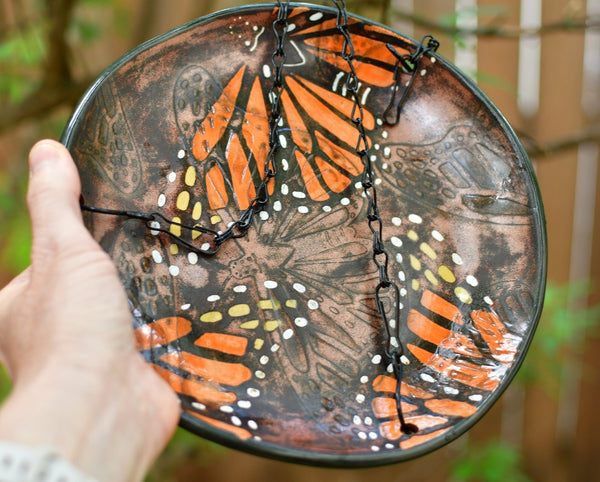 Monarch Butterfly Handmade Ceramic Bird Feeder Plate with Black Metal Hanger, in Copper Bronze Orange & Black, Pottery Gift for Nature Lover