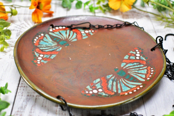 Butterfly Handmade Ceramic Bird Feeder Plate with Black Metal Hanger, in Bronze, Black, Blue & Red, Garden Pottery Gift for Nature Lover
