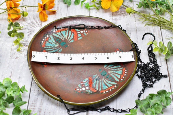 Butterfly Handmade Ceramic Bird Feeder Plate with Black Metal Hanger, in Bronze, Black, Blue & Red, Garden Pottery Gift for Nature Lover