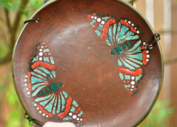 Butterfly Handmade Ceramic Bird Feeder Plate with Black Metal Hanger, in Bronze, Black, Blue & Red, Garden Pottery Gift for Nature Lover