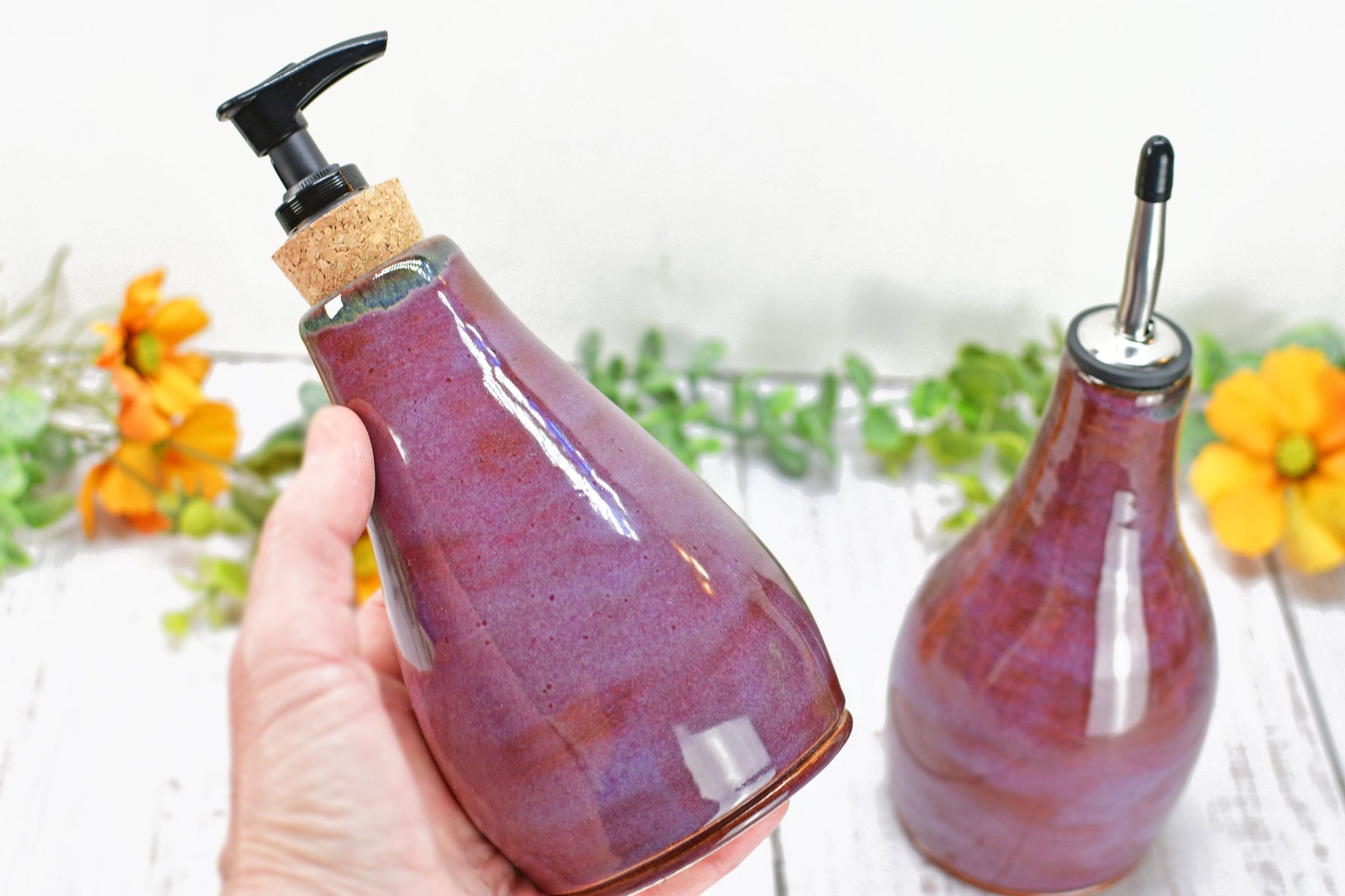 Handmade Ceramic Lotion / Soap / Olive Oil Cruet Dispenser Stoneware Pottery in Purple Lavender for Bathroom and Kitchen Decor
