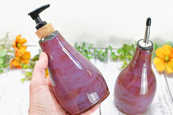 Handmade Ceramic Lotion / Soap / Olive Oil Cruet Dispenser Stoneware Pottery in Purple Lavender for Bathroom and Kitchen Decor