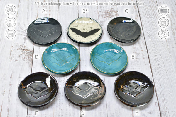 Bat Small Ceramic Coffee Spoon Rest, Handmade Stoneware Pottery Trinket Jewelry Dish, Halloween Black, White, Turquoise, Gray Gothic Decor