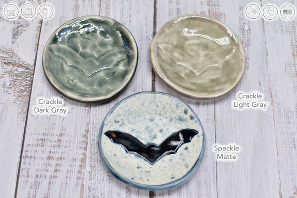 Bat Small Ceramic Coffee Spoon Rest, Handmade Stoneware Pottery Trinket Jewelry Dish, Halloween Black, White, Turquoise, Gray Gothic Decor