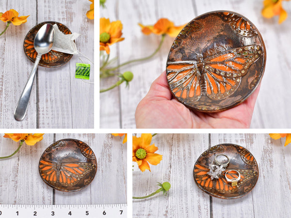 Monarch Butterfly Ceramic Small Coffee Spoon Rest, Handmade Stoneware Pottery Jewelry Trinket Dish, Bright Colors, Nature Gift for Mom