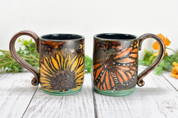 Yellow Sunflower and Orange Monarch Butterfly Images on Hand Painted Stoneware Copper and Turquoise Green Coffee Mugs