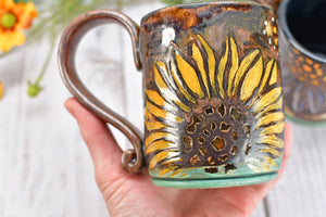 Sunflower Butterfly Handmade Ceramic Coffee Mug, with Monarch in Orange, Yellow, Purple & Copper Bronze Pottery Birthday Gift or Anniversary