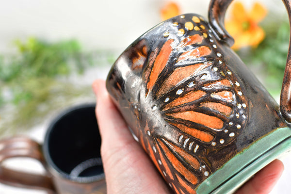 Sunflower Butterfly Handmade Ceramic Coffee Mug, with Monarch in Orange, Yellow, Purple & Copper Bronze Pottery Birthday Gift or Anniversary