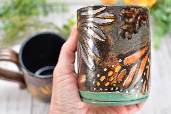 Sunflower Butterfly Handmade Ceramic Coffee Mug, with Monarch in Orange, Yellow, Purple & Copper Bronze Pottery Birthday Gift or Anniversary
