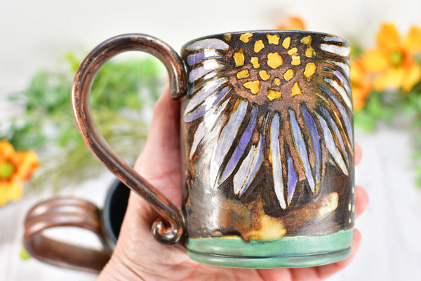 Sunflower Butterfly Handmade Ceramic Coffee Mug, with Monarch in Orange, Yellow, Purple & Copper Bronze Pottery Birthday Gift or Anniversary