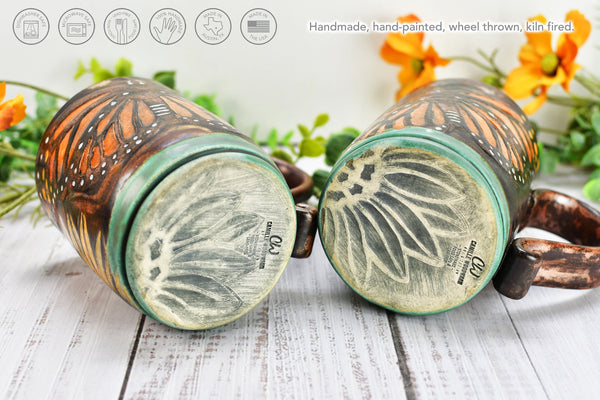 Sunflower Butterfly Handmade Ceramic Coffee Mug, with Monarch in Orange, Yellow, Purple & Copper Bronze Pottery Birthday Gift or Anniversary