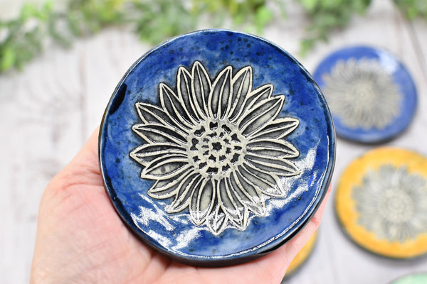 Sunflower Ceramic Small Coffee Spoon Rest, Handmade Jewelry Trinket Dish, Hand Painted Stoneware Pottery Gift in Blue, Green, and Yellow