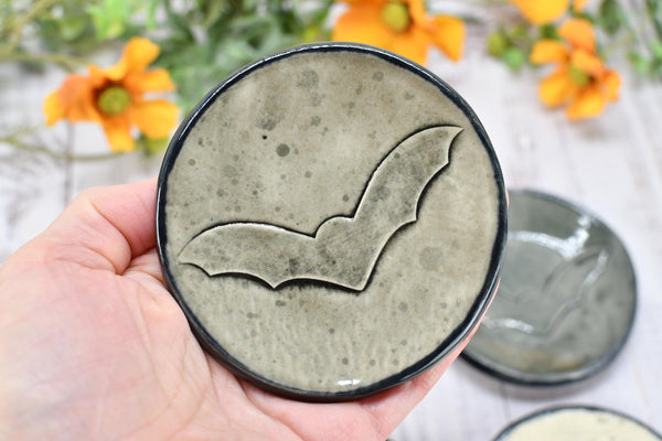 Bat Small Ceramic Coffee Spoon Rest, Handmade Stoneware Pottery Trinket Jewelry Dish, Halloween Black, White, Turquoise, Gray Gothic Decor