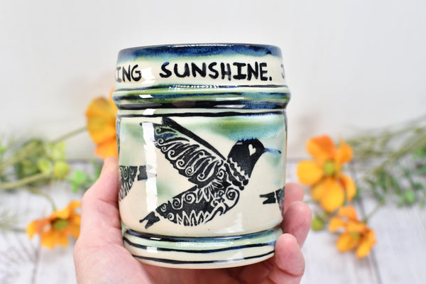 Hummingbird Handmade Pottery Cup, Funny Sarcastic Little Ray of Fucking Sunshine Ceramic Handleless Coffee Gift, Stoneware, Microwave Safe