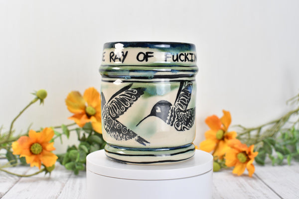Hummingbird Handmade Pottery Cup, Funny Sarcastic Little Ray of Fucking Sunshine Ceramic Handleless Coffee Gift, Stoneware, Microwave Safe