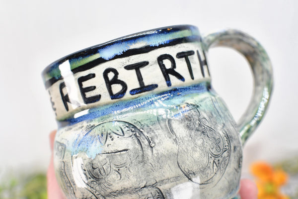 Sugar Skull Coffee Mug, Death & Rebirth Handleless Stoneware Pottery Ceramic Cup, Handmade Gift, Day of the Dead