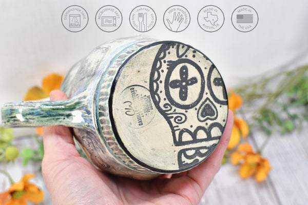 Sugar Skull Coffee Mug, Death & Rebirth Handleless Stoneware Pottery Ceramic Cup, Handmade Gift, Day of the Dead