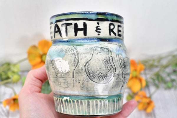 Sugar Skull Coffee Mug, Death & Rebirth Handleless Stoneware Pottery Ceramic Cup, Handmade Gift, Day of the Dead