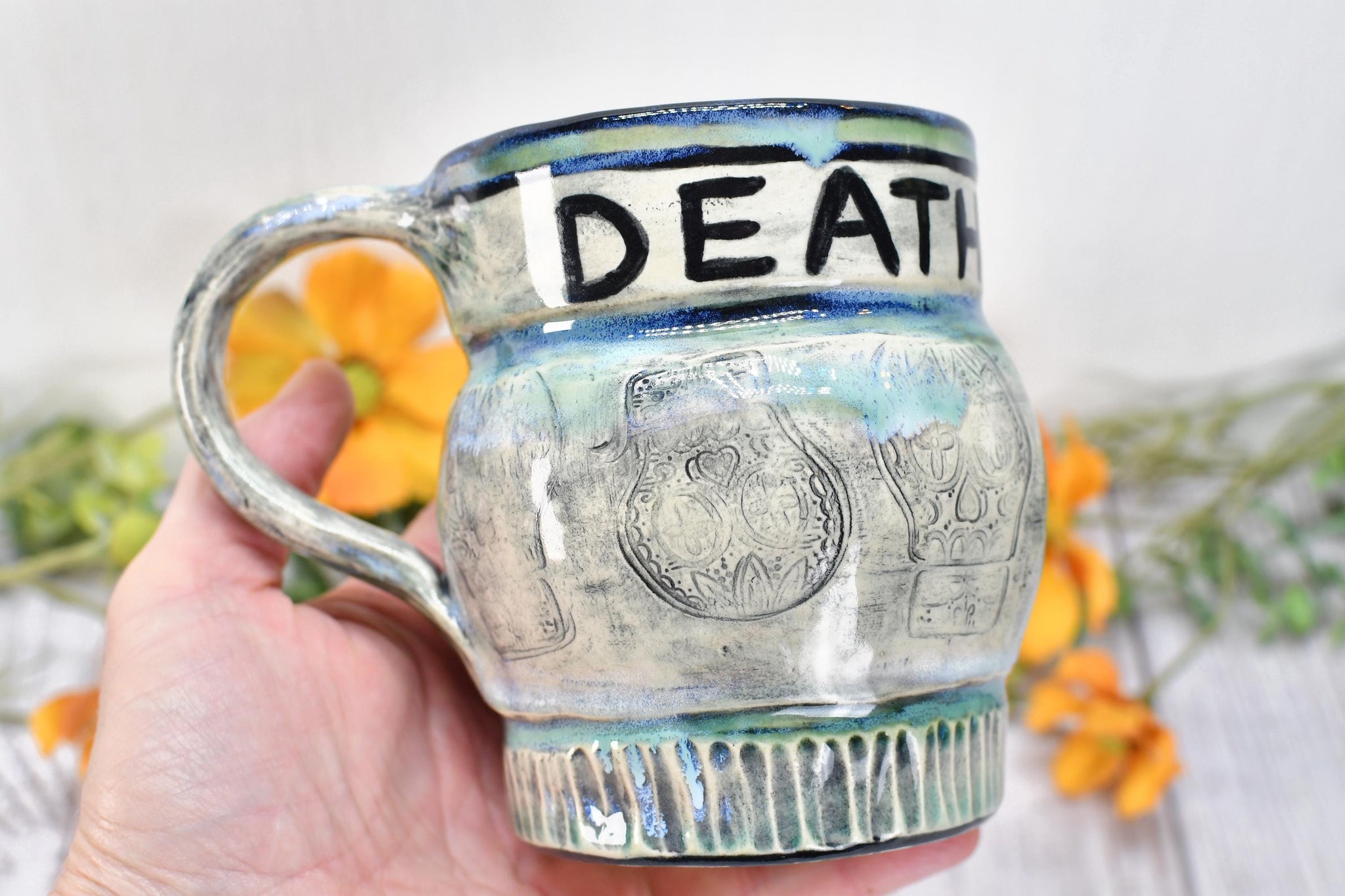 Sugar Skull Coffee Mug, Death & Rebirth Handleless Stoneware Pottery Ceramic Cup, Handmade Gift, Day of the Dead