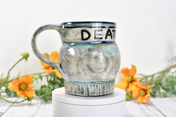 Sugar Skull Coffee Mug, Death & Rebirth Handleless Stoneware Pottery Ceramic Cup, Handmade Gift, Day of the Dead